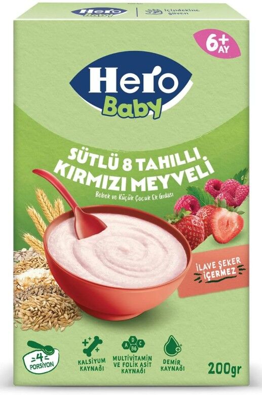 Hero Baby Sütlü Kırmızı Meyveli 8 Tahıllı Kaşık Mama 200 Gr