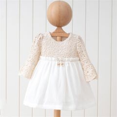 Mymio 3902 Boncuklu Naturel Kız Elbise Ekru