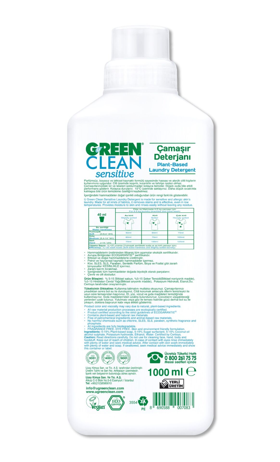 Green Clean Sensitive Parfümsüz Bitkisel Çamaşır Deterjanı 1000 ml