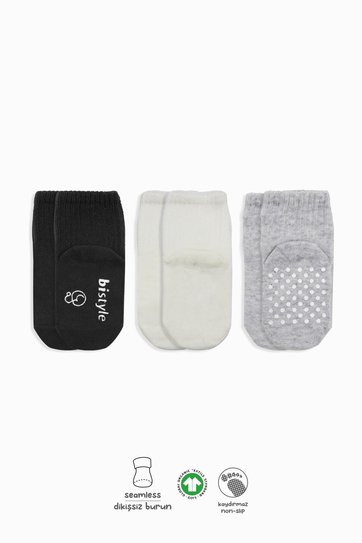 Bistyle Basic Kaymaz Penye Soket Çorap 3'Lü BS10107 Siyah Ekru Gri