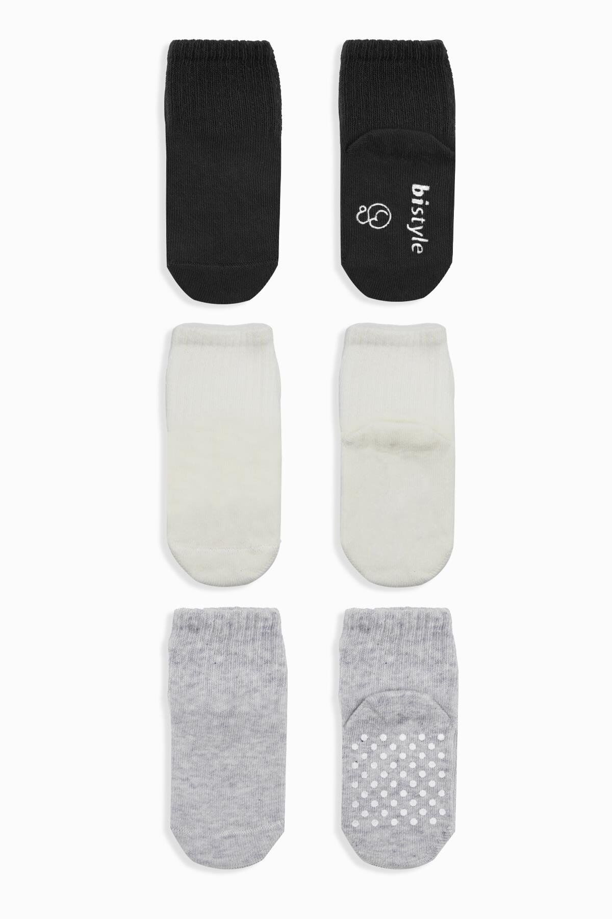Bistyle Basic Kaymaz Penye Soket Çorap 3'Lü BS10107 Siyah Ekru Gri