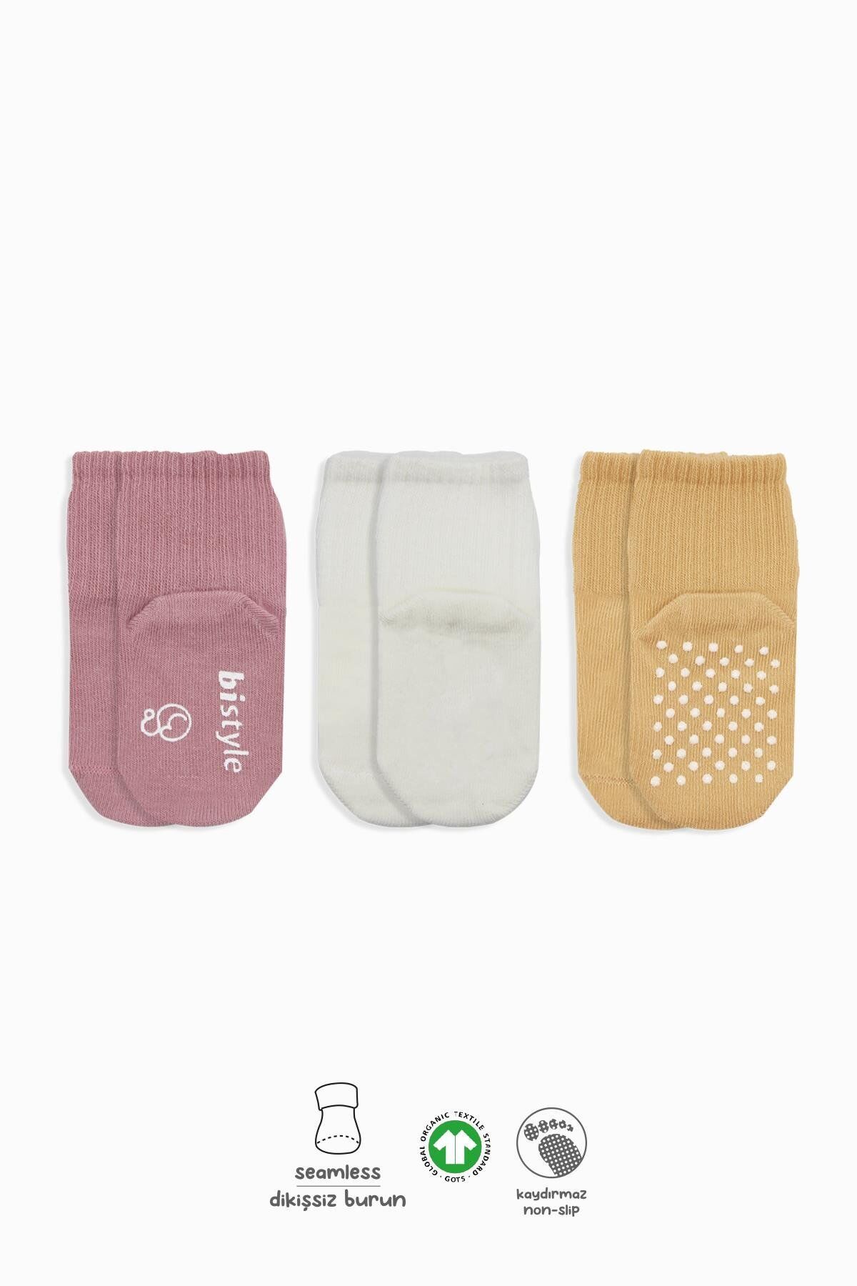 Bistyle Basic Kaymaz Penye Soket Çorap 3'Lü BS10107 Pudra Ekru Somon