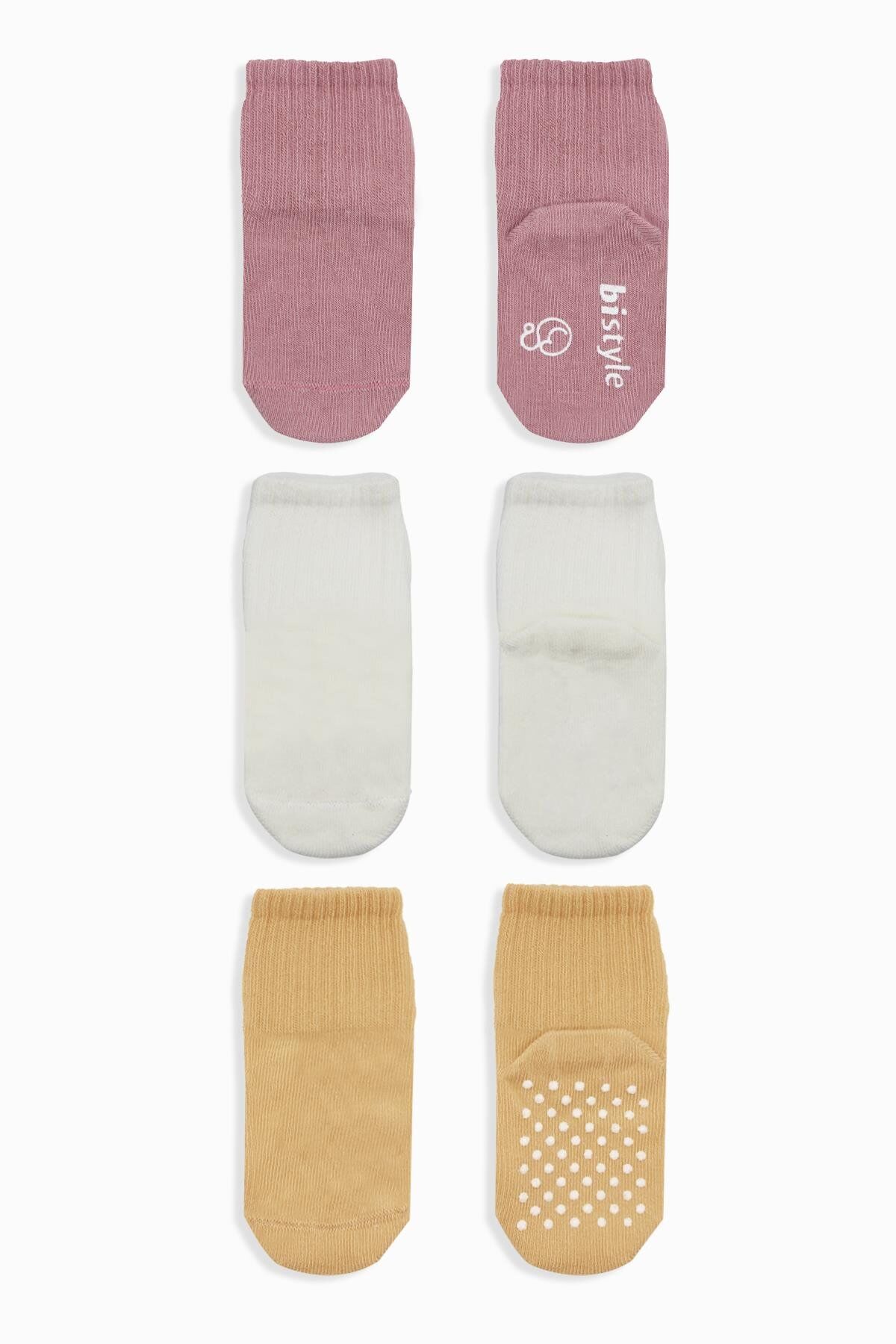 Bistyle Basic Kaymaz Penye Soket Çorap 3'Lü BS10107 Pudra Ekru Somon