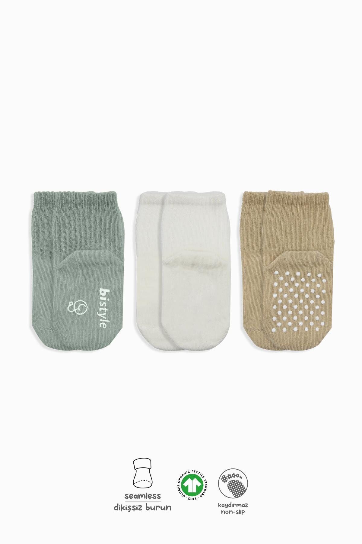 Bistyle Basic Kaymaz Penye Soket Çorap 3'Lü BS10107 Nil Ekru Bej