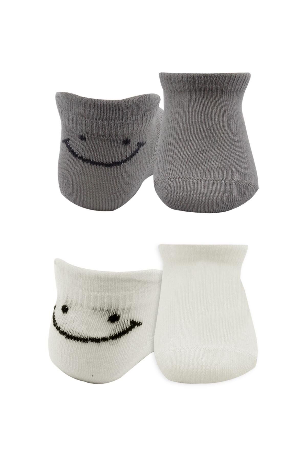 Bistyle 2'Li Sneakers Smile Penye Çorap BS20106 Gri Ekru