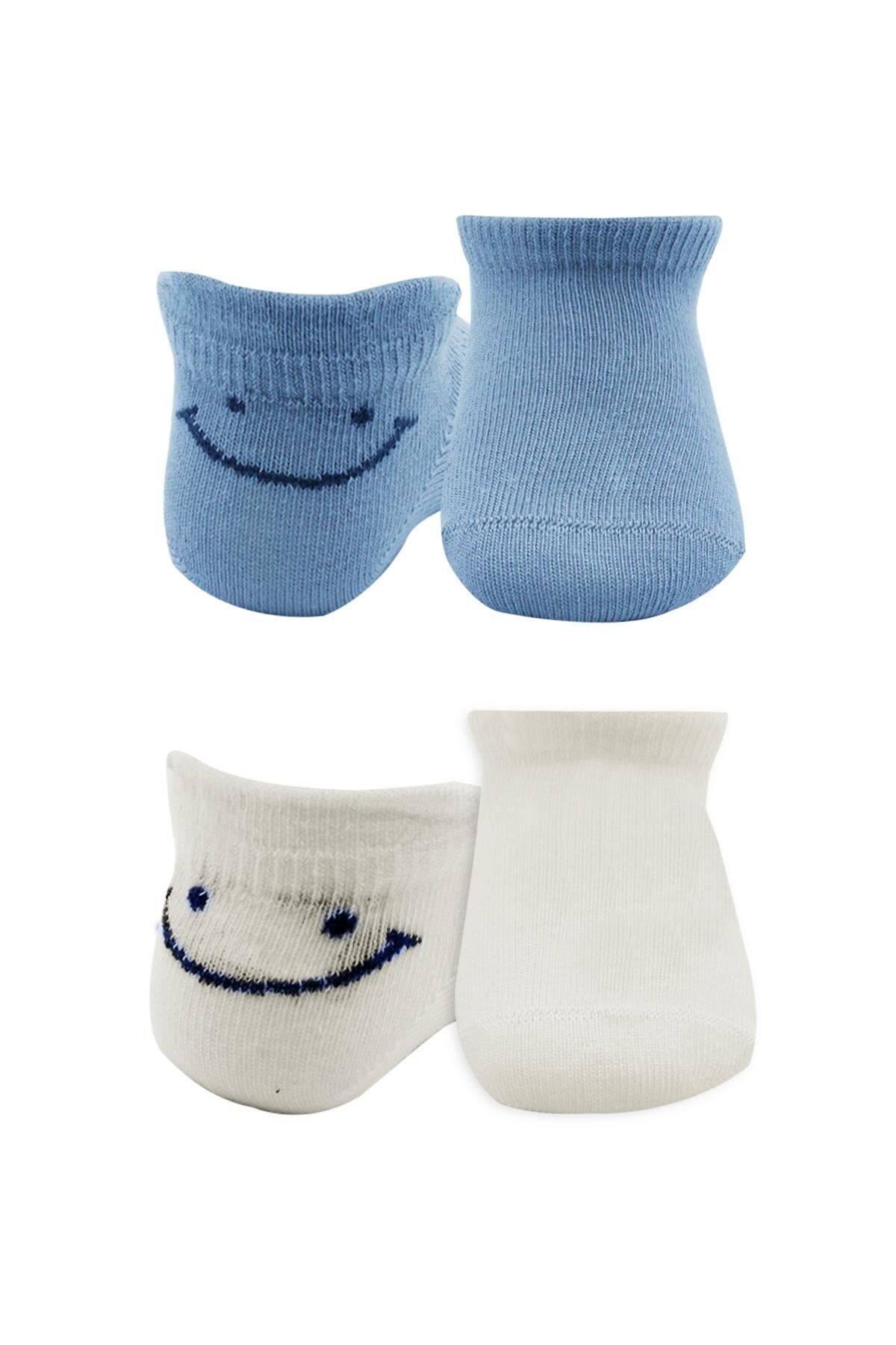 Bistyle 2'Li Sneakers Smile Penye Çorap BS20106 Mavi Ekru