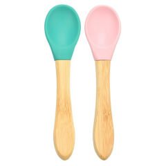 OiOi Bambu Saplı Silikon Mama Kaşığı 2li Yeşil Pembe Yeşil Pembe