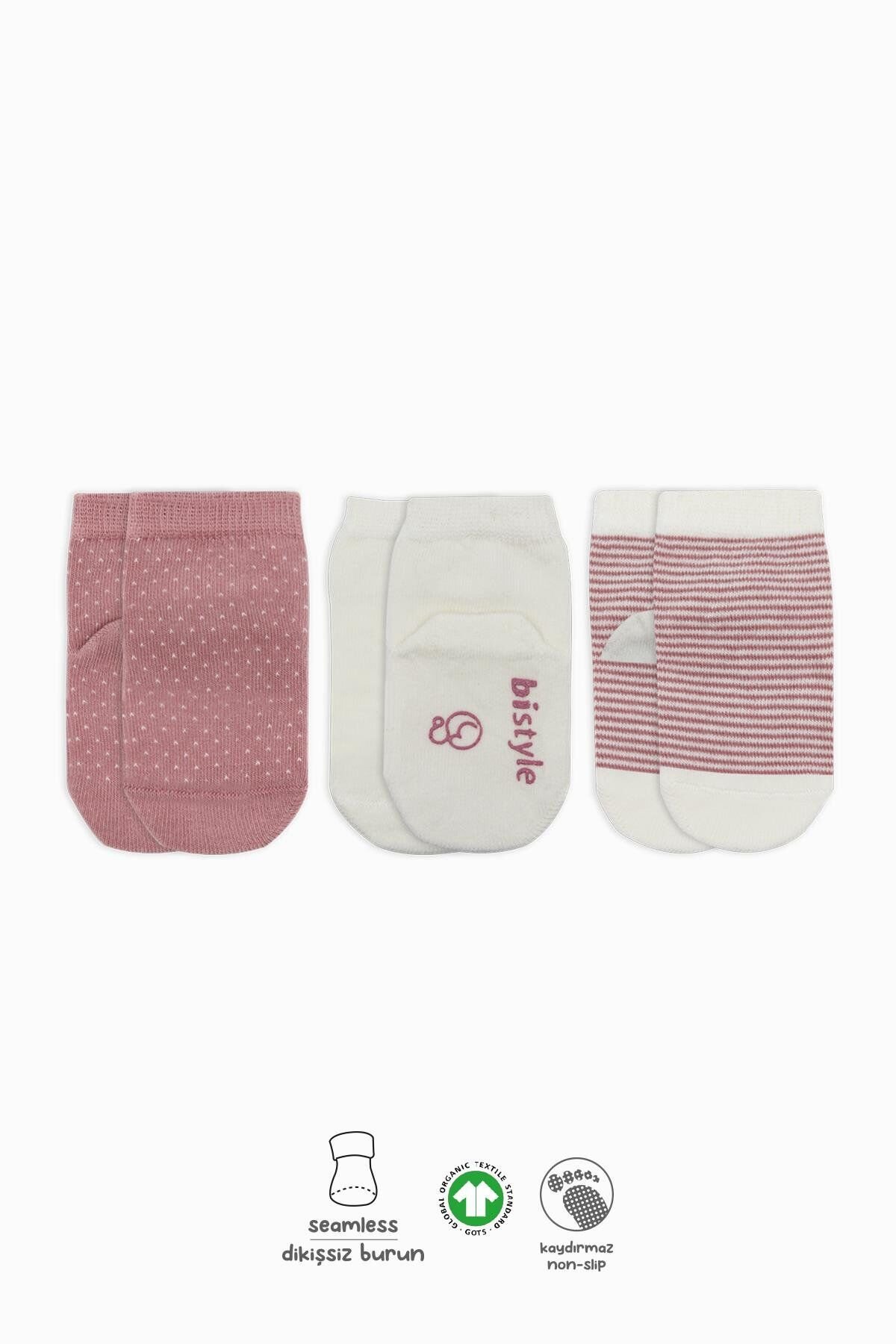Bistyle Puanlı Kaymaz Penye Soket Çorap 3'Lü BS10108 Pudra