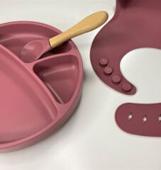 OiOi Blw II Silikon Beslenme Seti 3'Lü (Tabaklı) Velvet Rose
